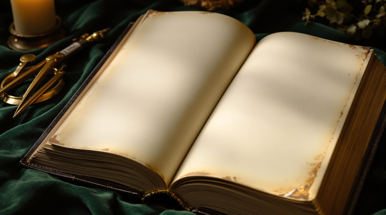 Libro antiguo abierto sobre terciopelo verde junto a un compás de bronce