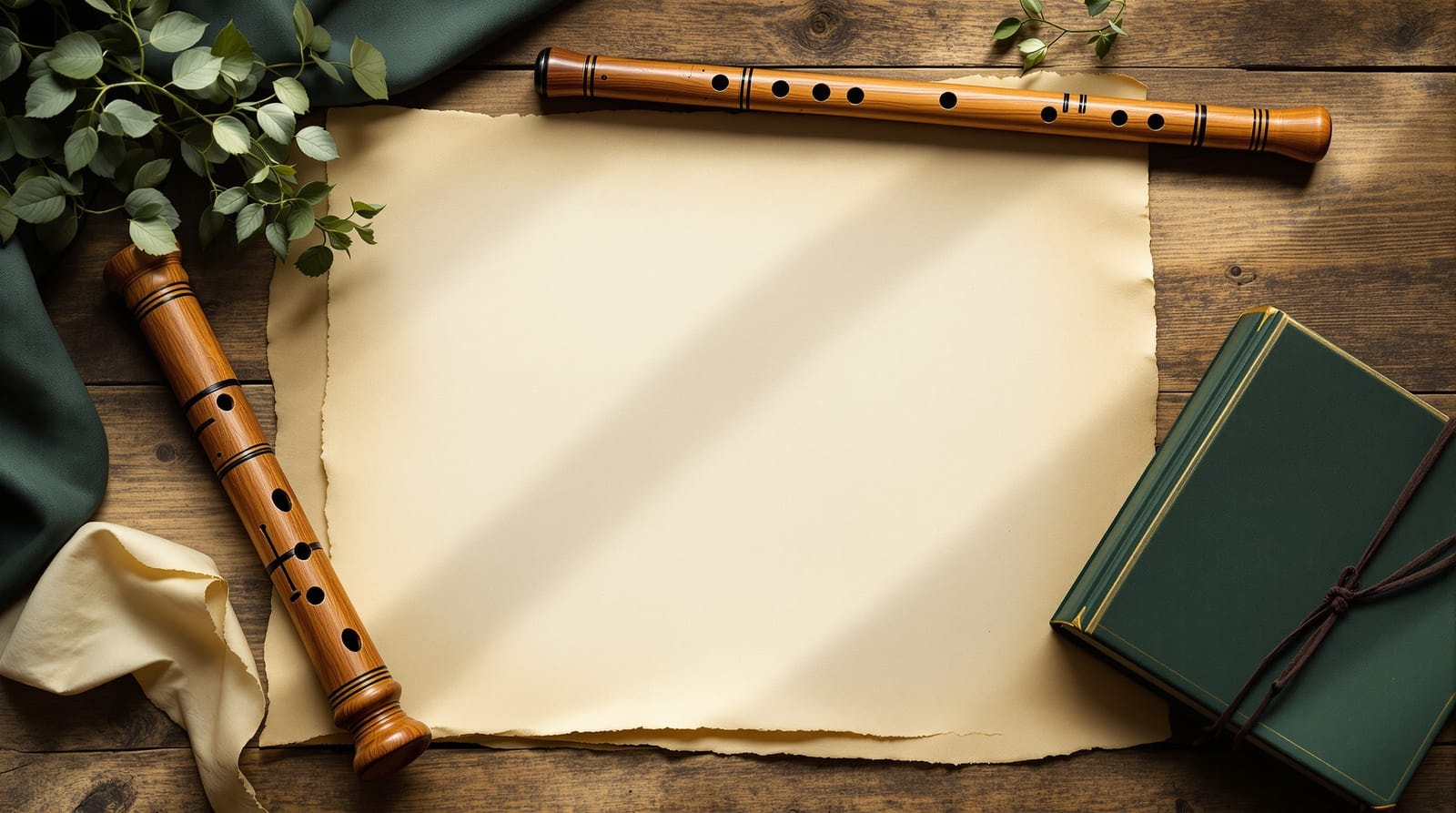 Instrumentos de viento de madera y un libro sobre una mesa de roble