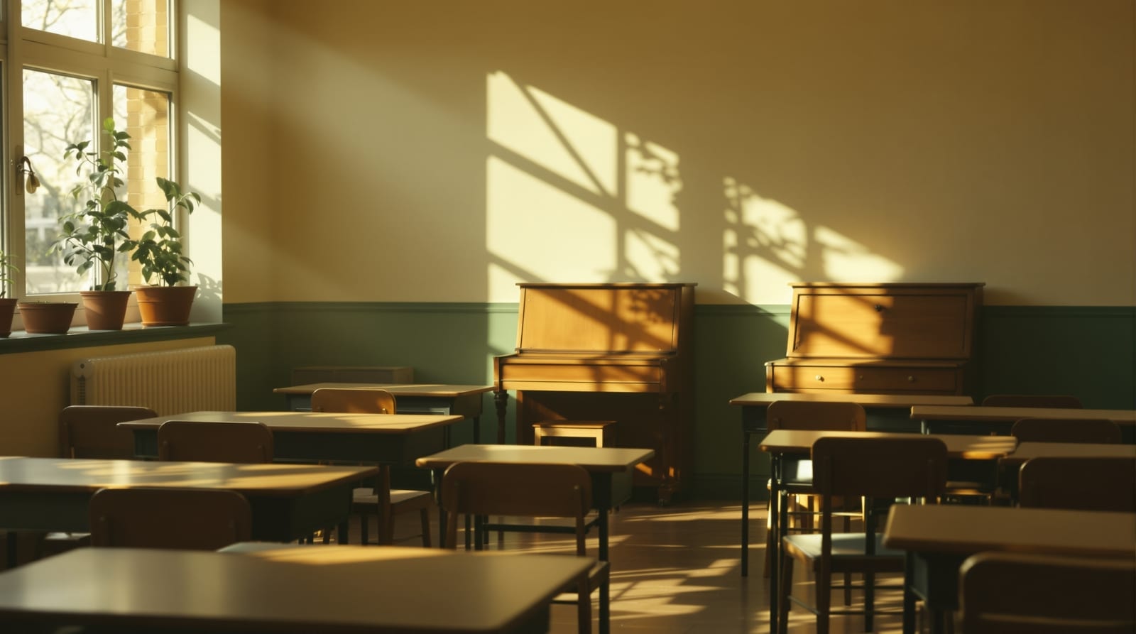 Aula vacía con piano vertical y pupitres de madera
