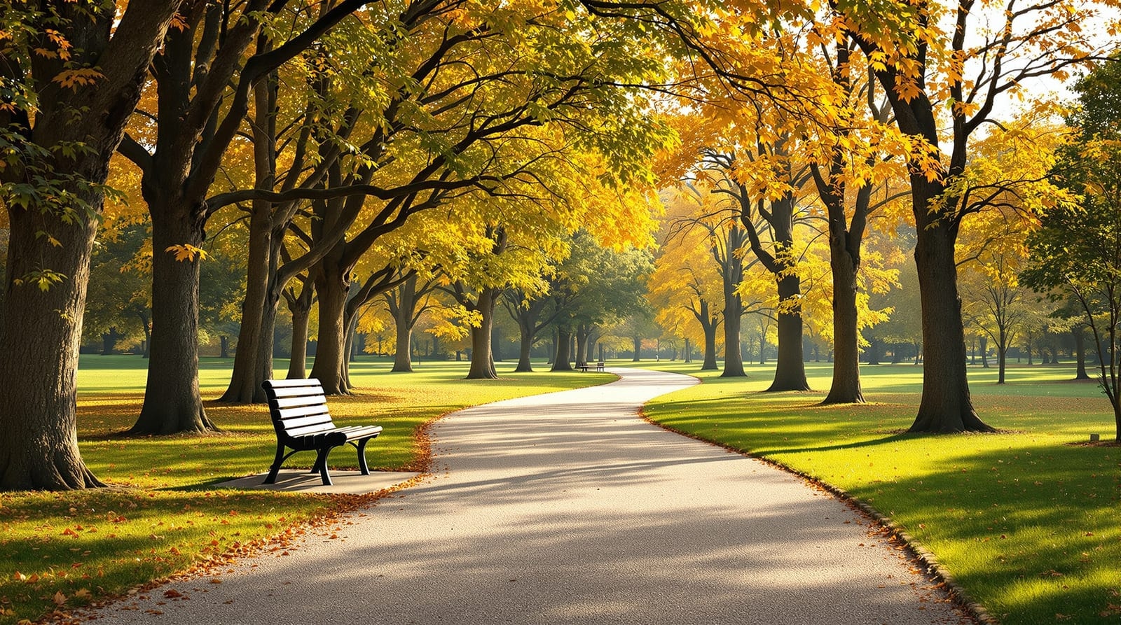 Sendero arbolado en un parque con luz dorada de otoño