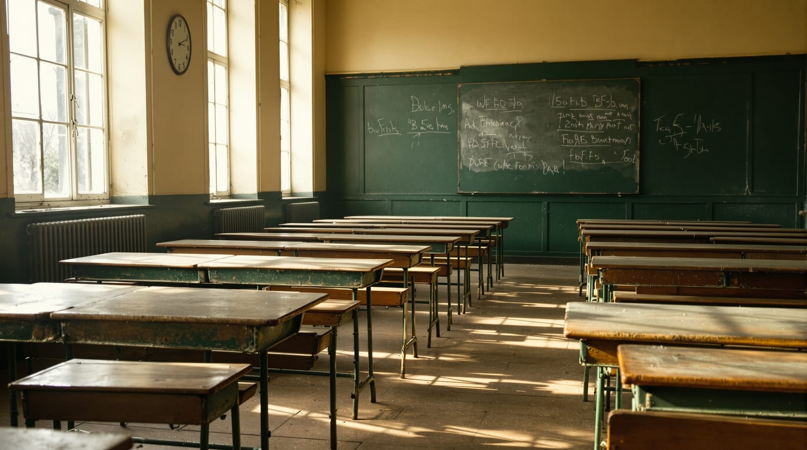 Interior de una escuela antigua con pupitres de madera