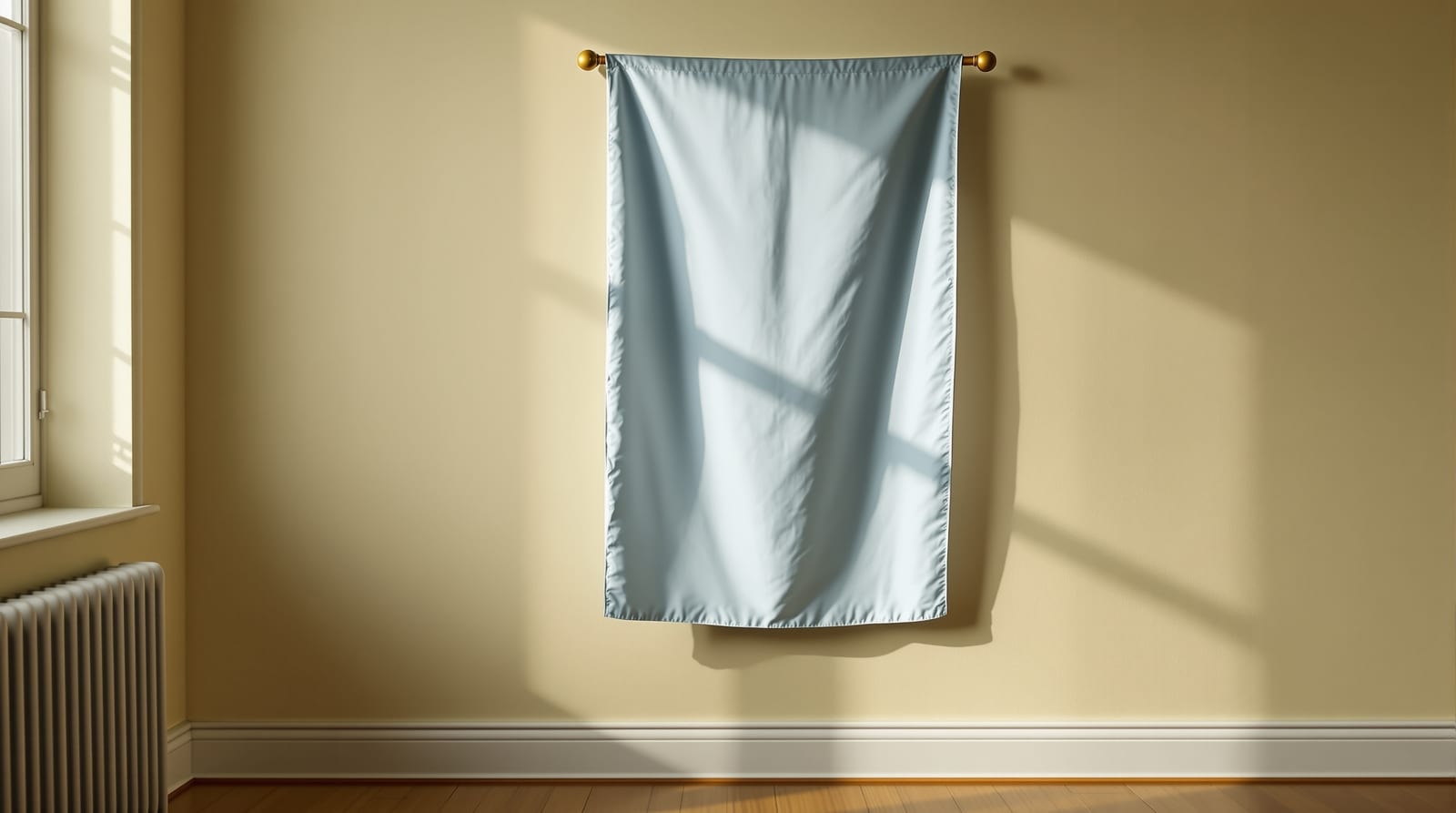 Bandera de tela celeste y blanca junto a una pared clara