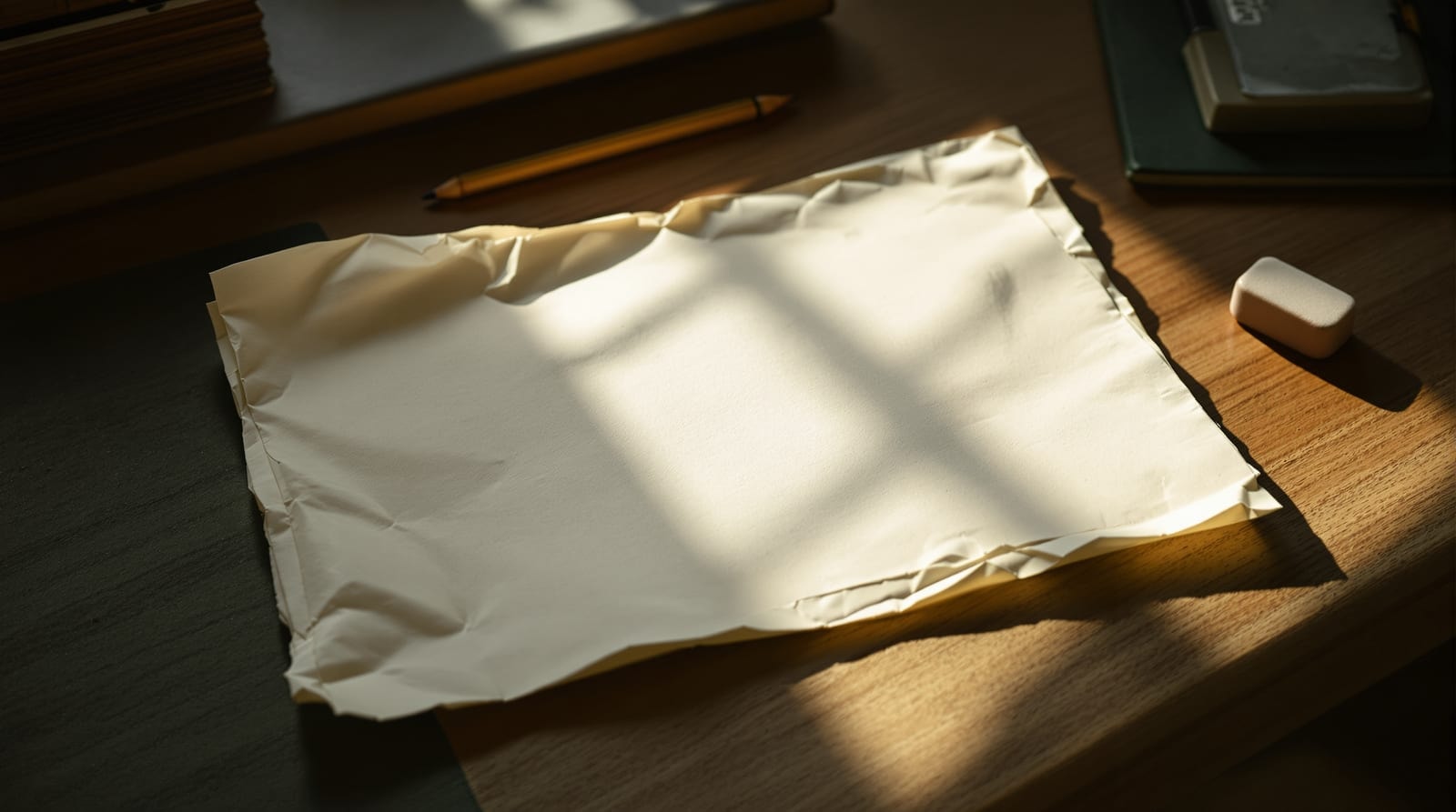 Hoja de papel arrugada y alisada sobre un escritorio de madera