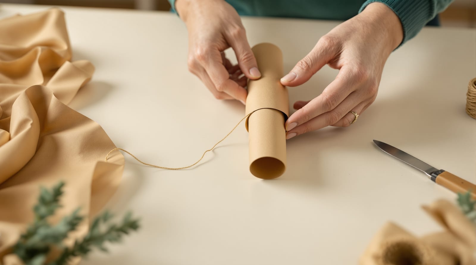 Manos construyendo un instrumento de viento con papel y tubos de cartón
